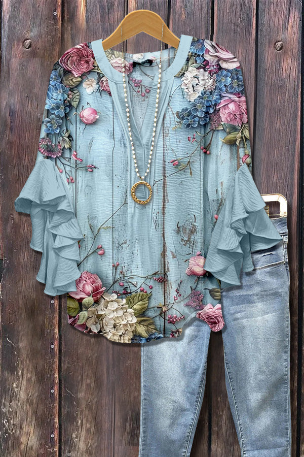 Retro Floral Print Ruffle Sleeve Top