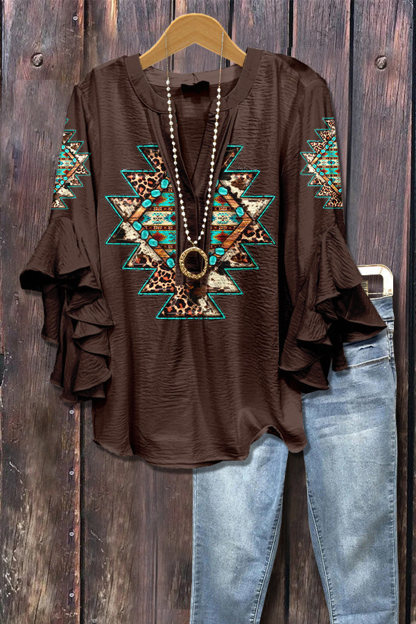 Retro Ethnic Print Ruffle Sleeve Top
