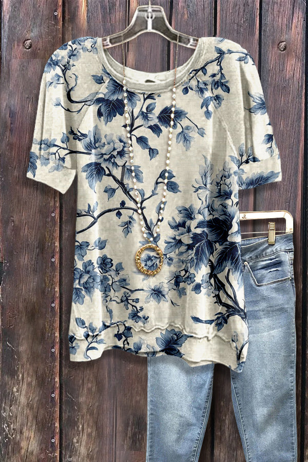 Retro Floral Print Short Sleeve Sweatshirt