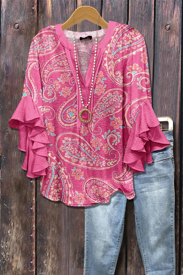 Pink Paisley Print Ruffle Sleeve Top