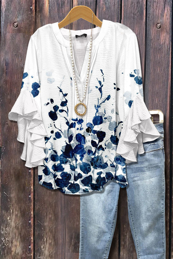 Chic Floral Print Ruffle Sleeve Top