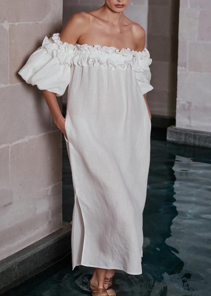 Women's One Shoulder Bubble Sleeve Solid Color Lace Dress