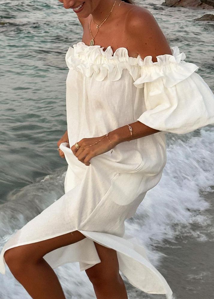 Women's One Shoulder Bubble Sleeve Solid Color Lace Dress