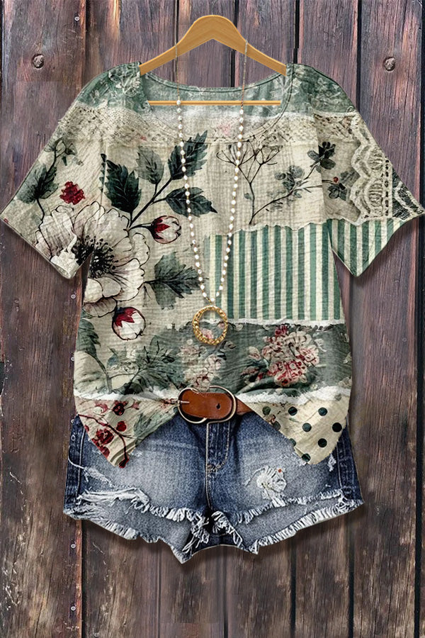 Mixed Floral Print Short Sleeve Top