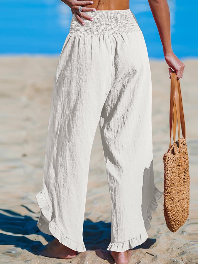 Women's High-Waist Pleated Irregular Hem Cotton And Linen Loose Casual Pants