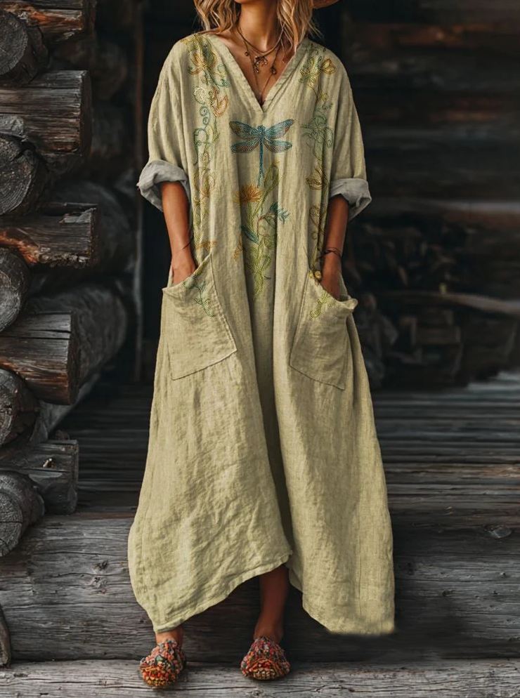 Women's Retro Dragonfly Pattern Artistic Print Pocket Long Sleeve V-neck Cotton Dress