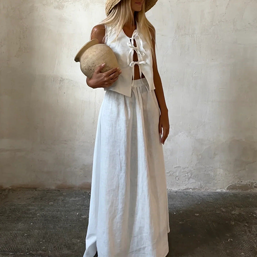 Women's Cotton and Linen Lace-up Sleeveless Vest Long Skirt Suit