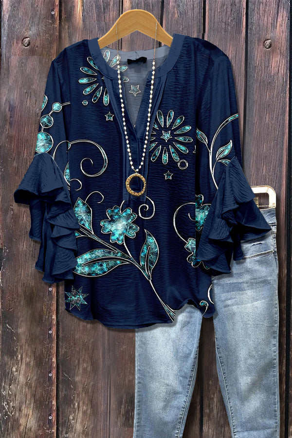 Chic Floral Print Ruffle Sleeve Top