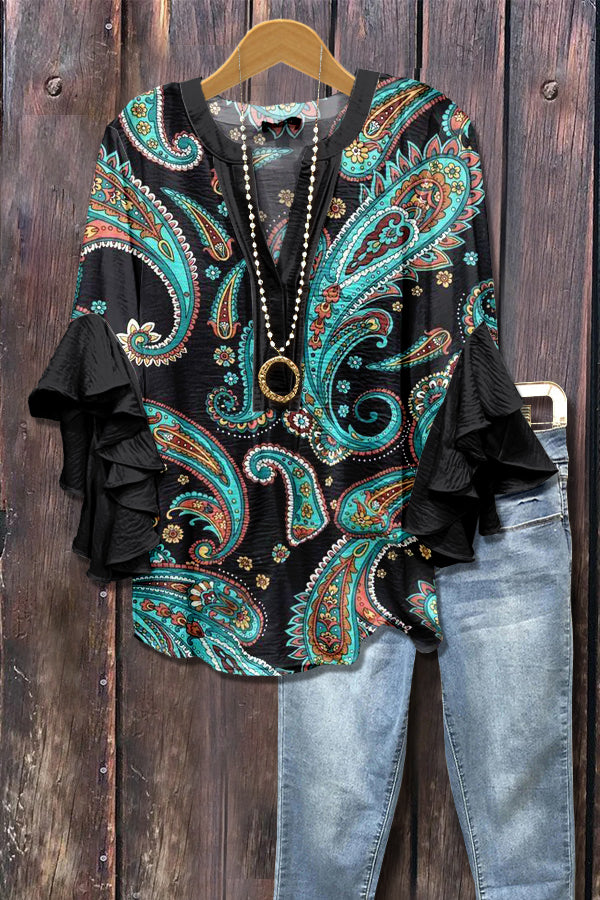 Chic Paisley Print Ruffle Sleeve Top