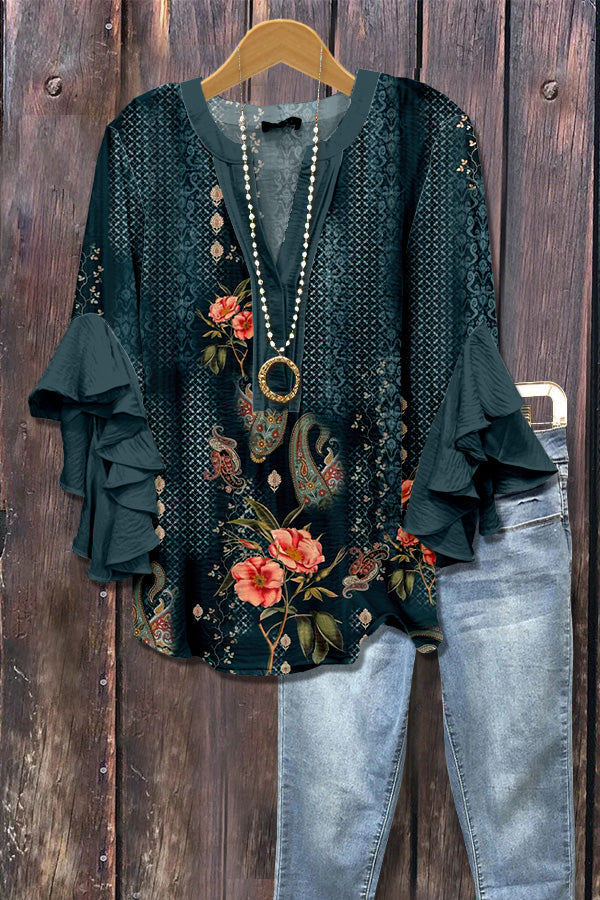 Vintage Floral Print Ruffle Sleeve Top