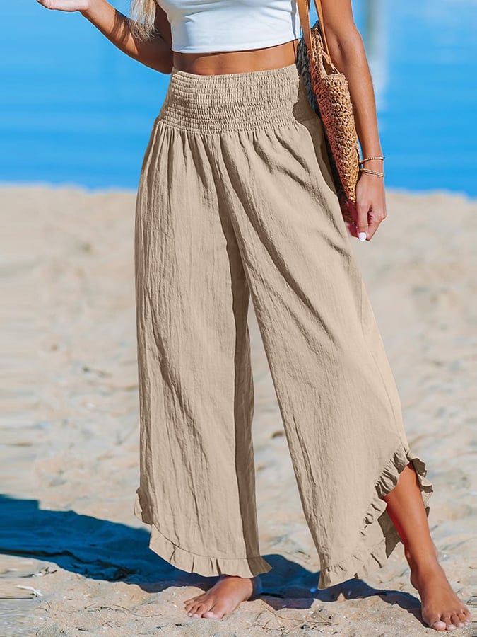 Women's High-Waist Pleated Irregular Hem Cotton And Linen Loose Casual Pants