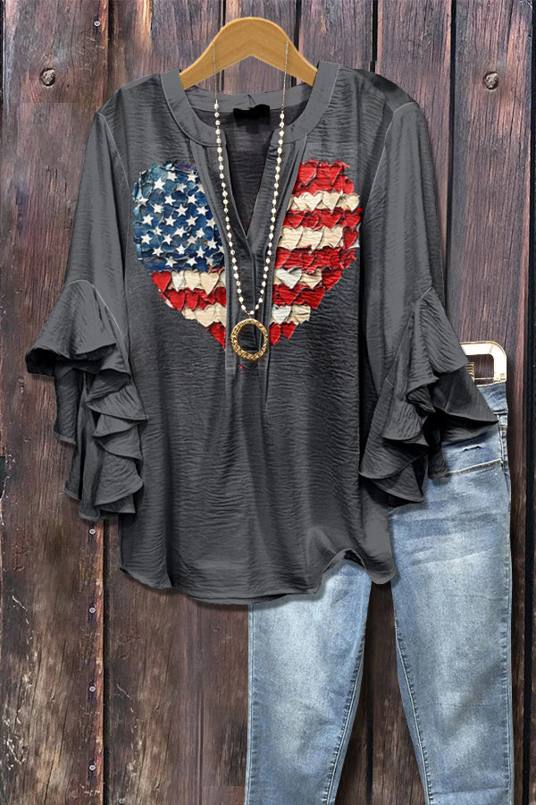 America Heart Print Ruffle Sleeve Patriotic Top