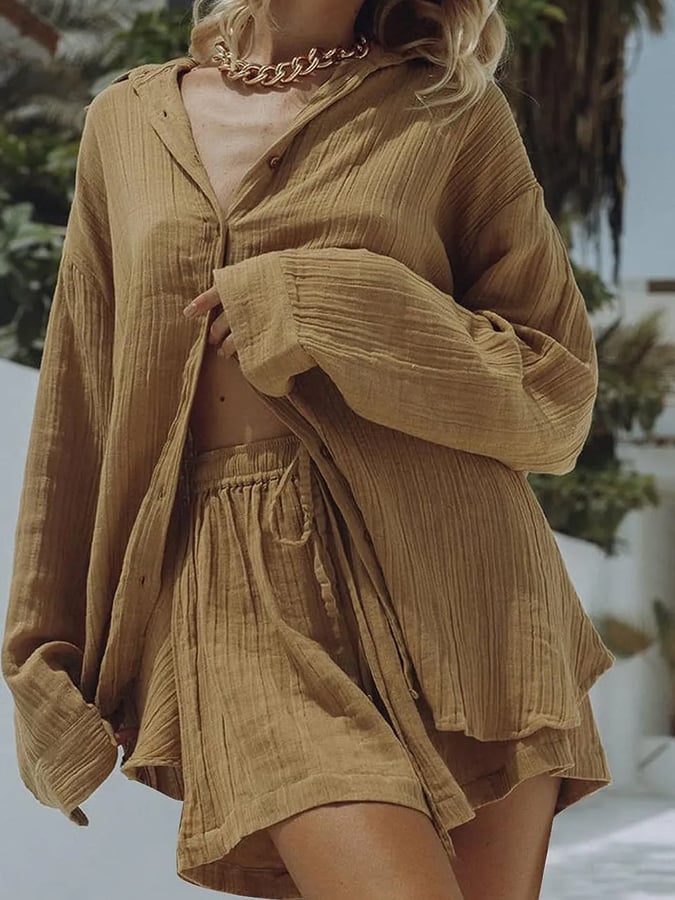 The New Lady In Spring And Summer, Two -Piece Lapel Long Sleeve Top And Shorts