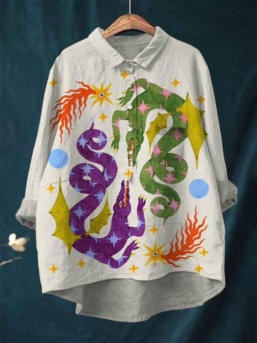 Purple Green Dragon Vintage Printed Linen Shirt