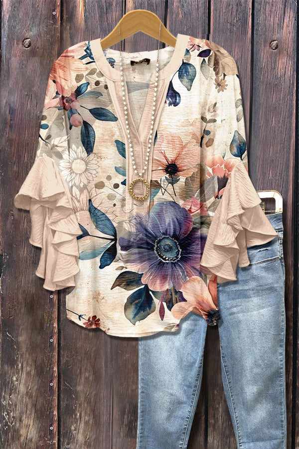 Multi Color Floral Print Ruffle Sleeve Top