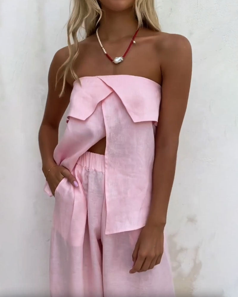 Solid Color Strapless Tube Top Slit Two-piece Suit