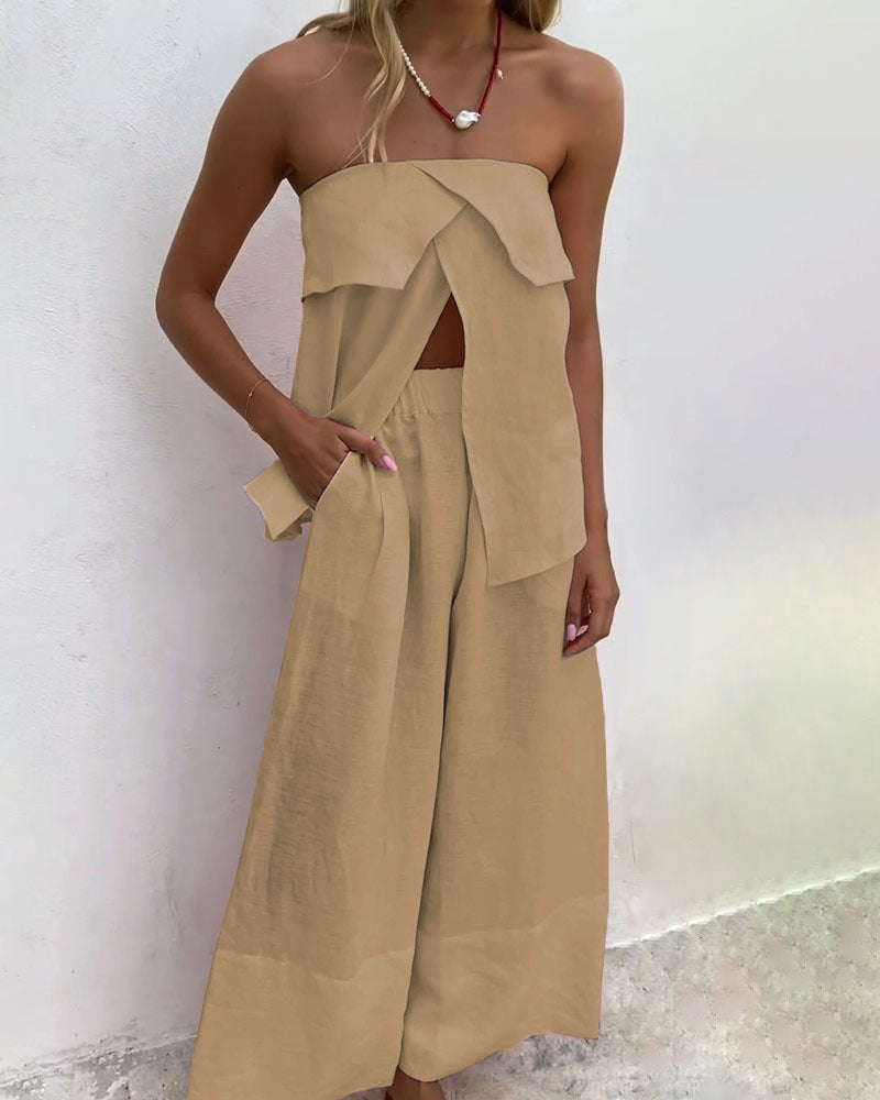 Solid Color Strapless Tube Top Slit Two-piece Suit