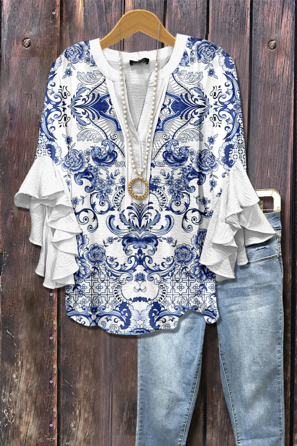 Vintage Print Ruffle Sleeve Top