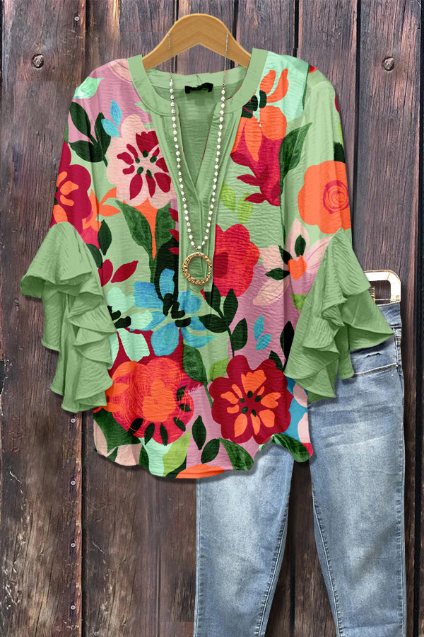 Colorful Floral Print Ruffle Sleeve Top