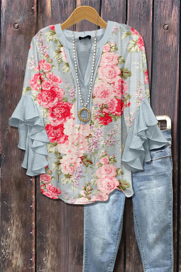 Elegant Floral Print Ruffle Sleeve Top