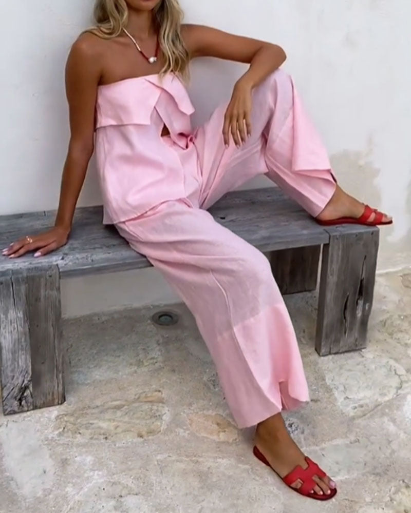 Solid Color Strapless Tube Top Slit Two-piece Suit