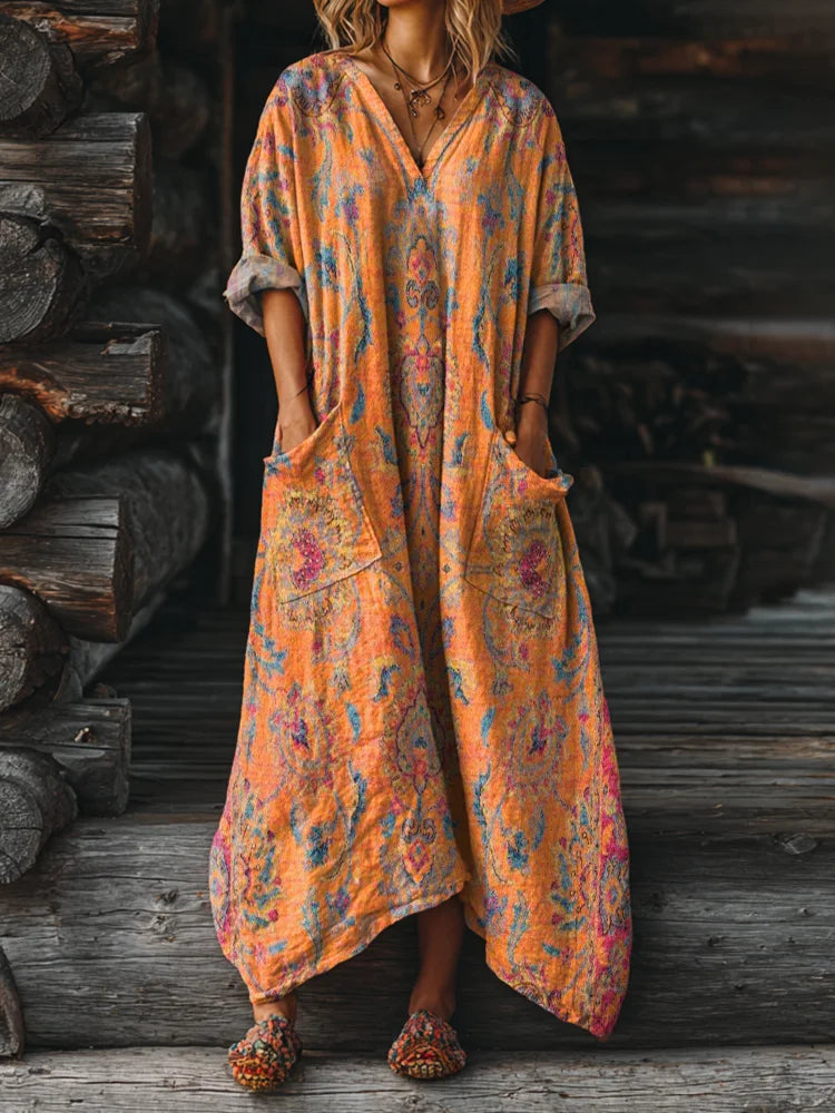Women's Vintage Ethnic Tattoo Pattern Art Print Pocket V-Neck Cotton Dress