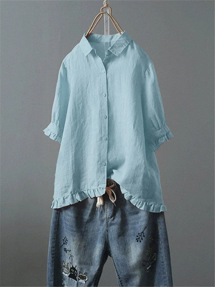 Solid Casual 3/4 Sleeve Turn-down Collar Tops